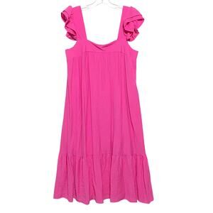 August Sky Hot Pink Crinkle Dress M Flutter Sleeve Spring Resort Beachy Vacation